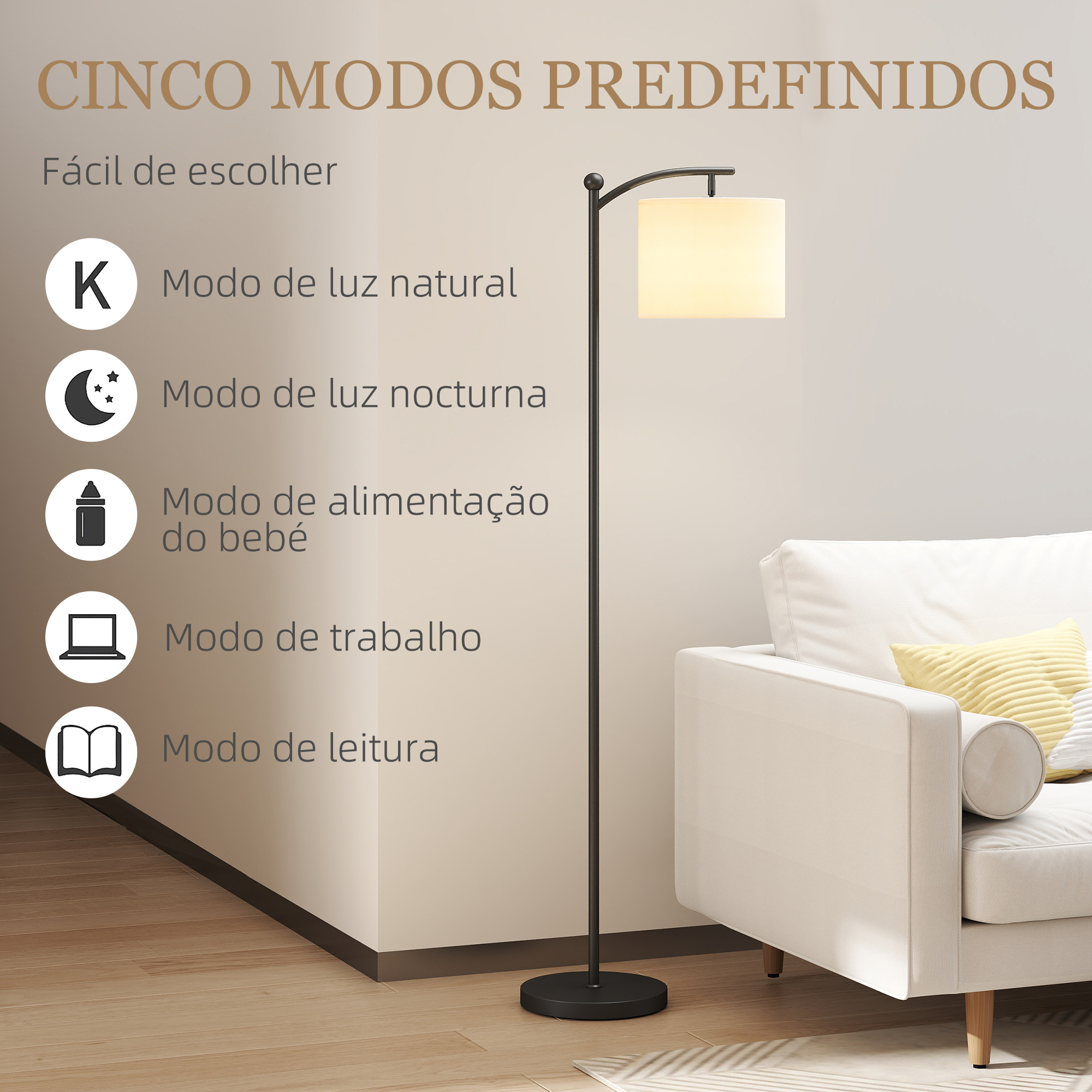 Lámpara de pie con diferentes modos de luz, en una sala de estar.