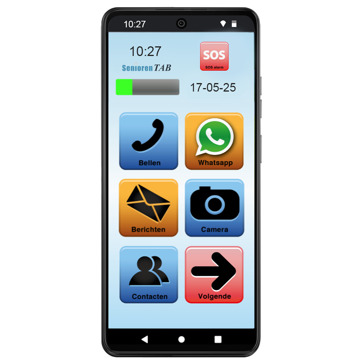 A smartphone with a simplified interface, showing apps.