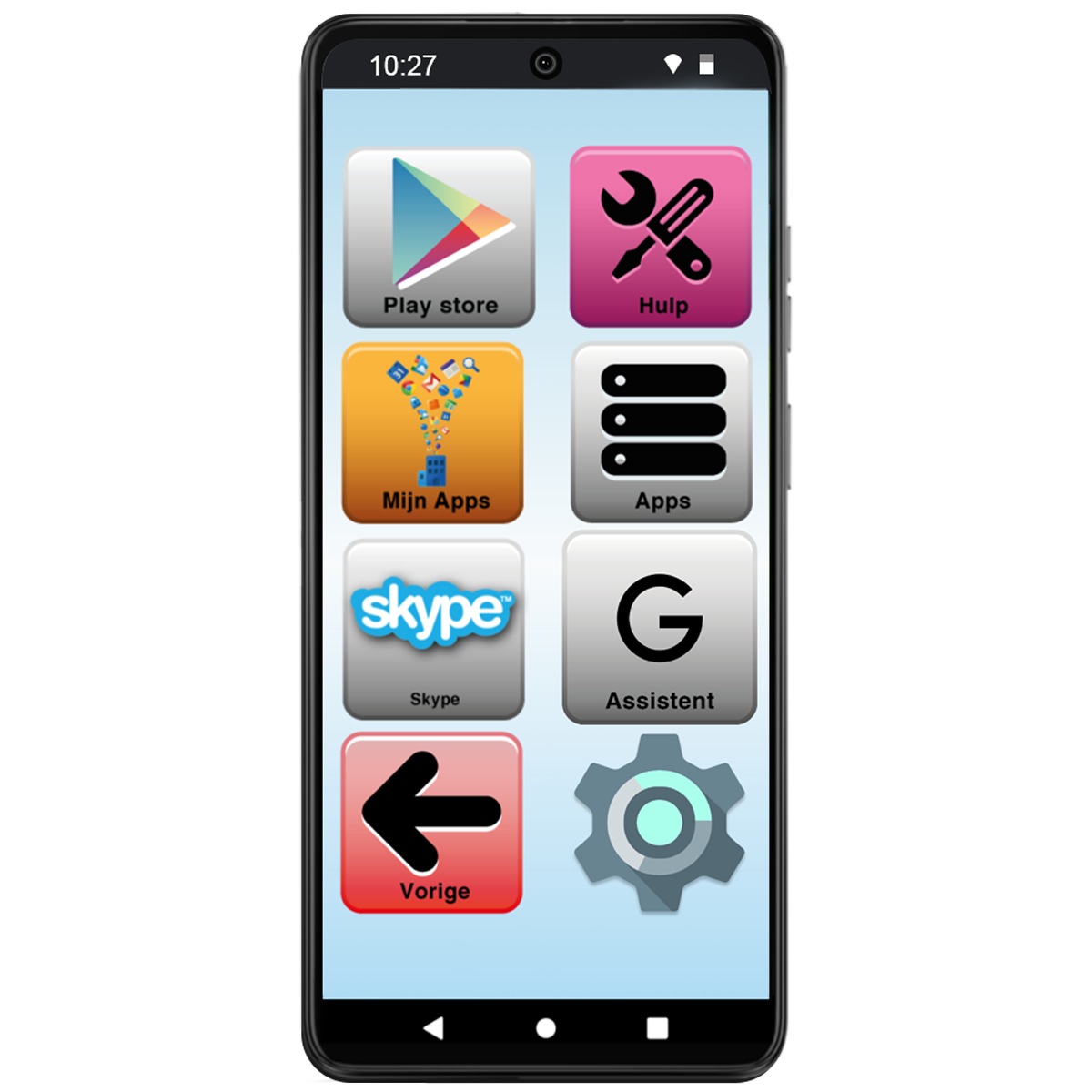 A smartphone displays a home screen with app icons. The interface includes a Play Store and a Help icon.