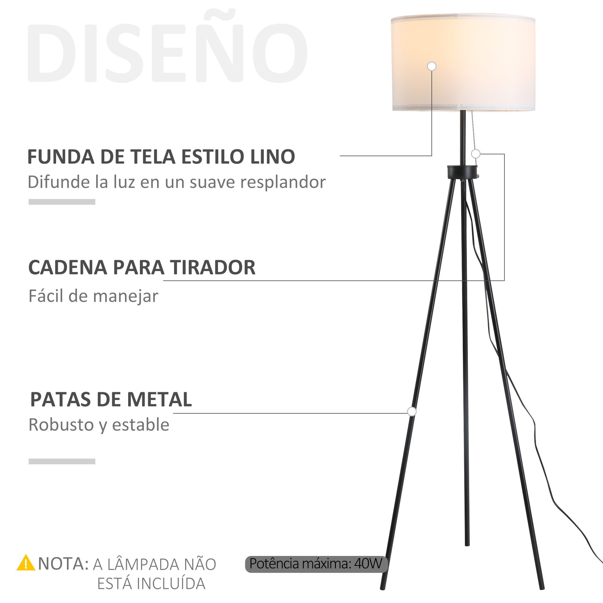Lámpara de pie trípode, detallando la pantalla de tela y las patas metálicas.
