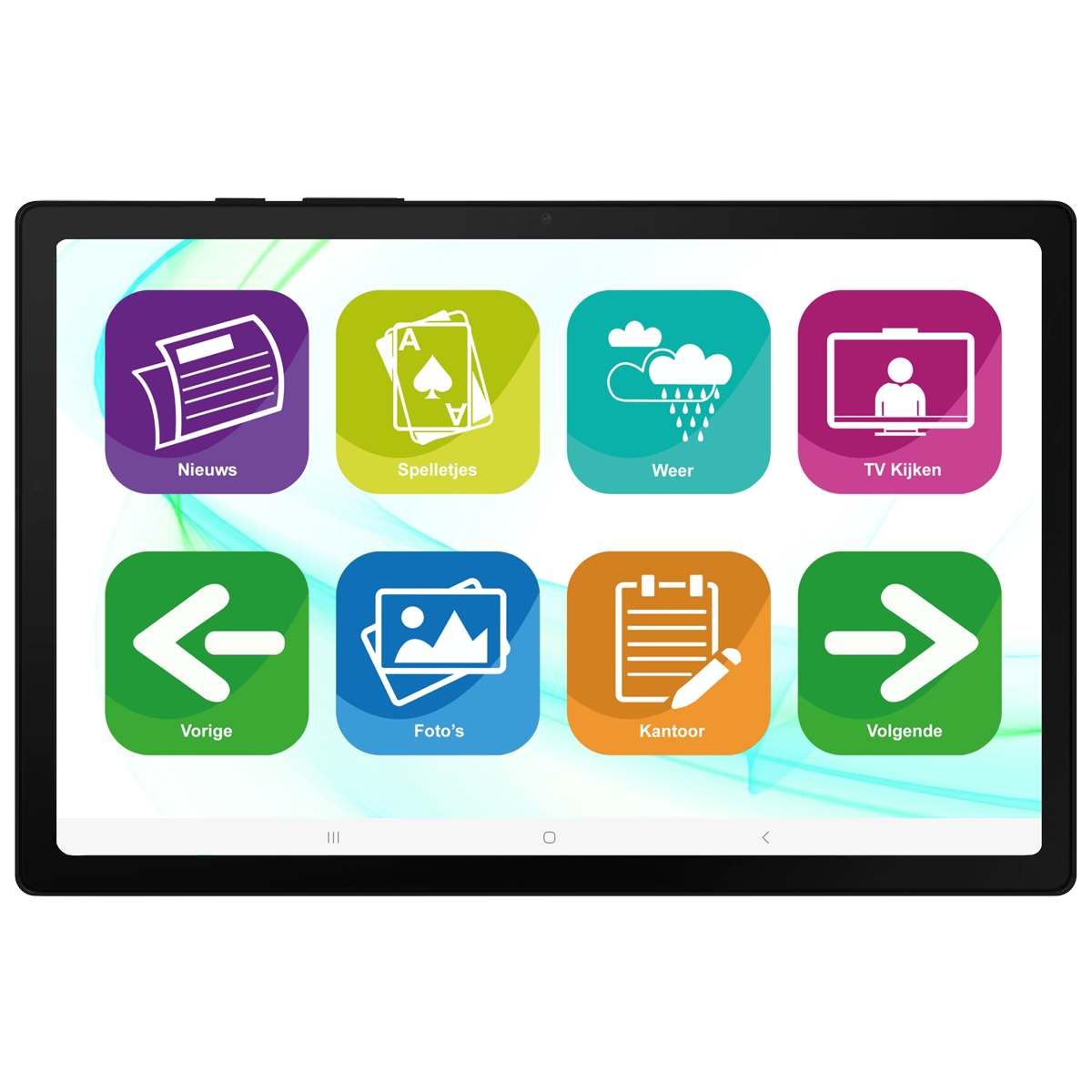 Tablet toont pictogrammen voor apps zoals nieuws, games, weer, tv, foto's en kantoor, op een heldere achtergrond.