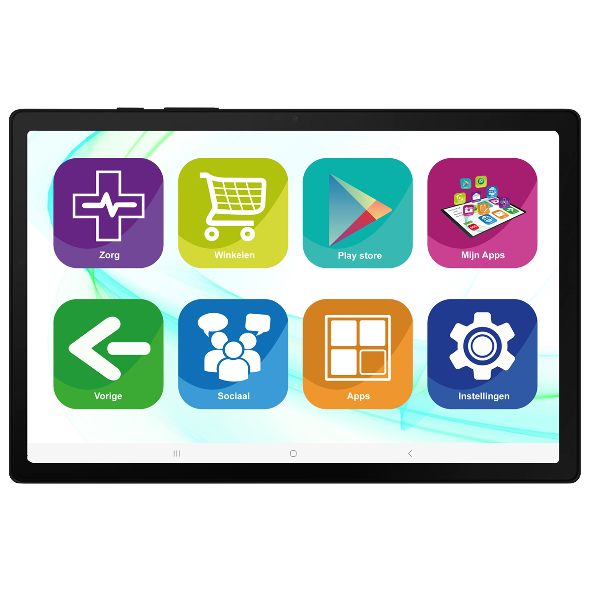 Tablet met app-pictogrammen op een blauwe en groene achtergrond.