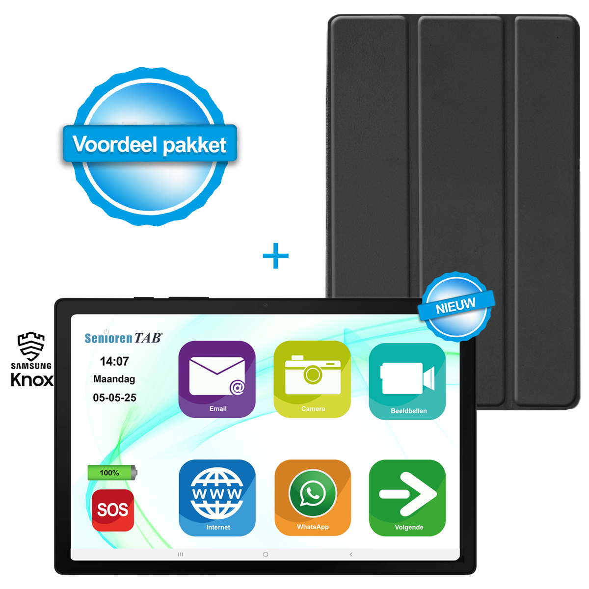 Het tabletscherm toont app-pictogrammen zoals e-mail, camera en internet, plus een hoes en tekst.