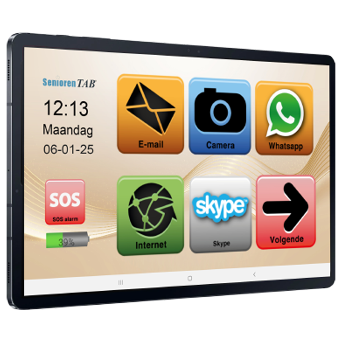 Tablet screen displays app icons, including email, camera, WhatsApp, and Internet, with date and time.