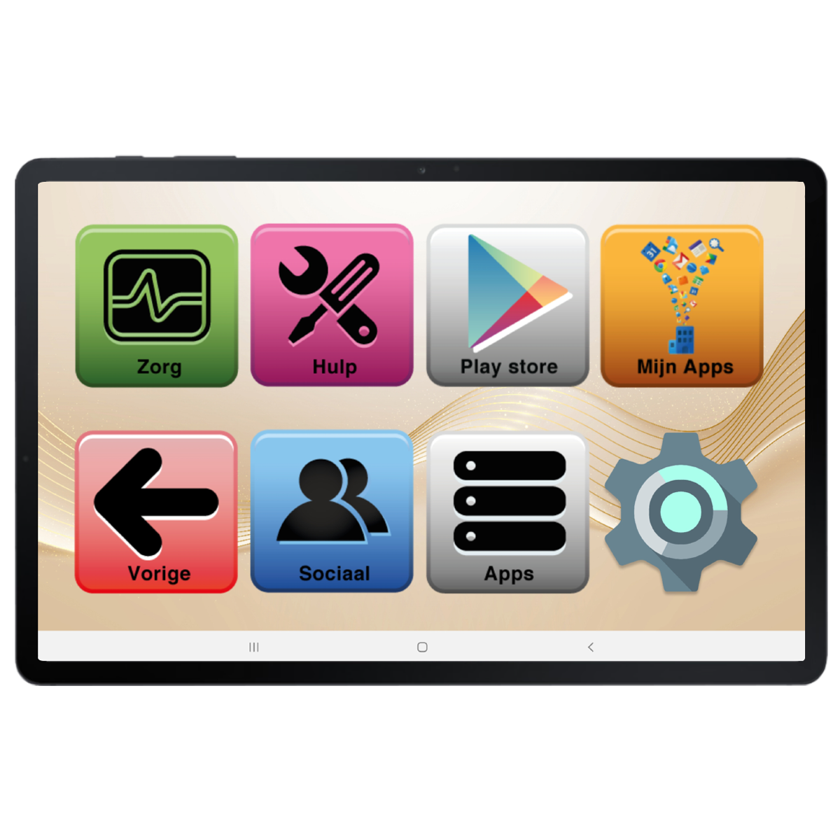 Tablet screen showing app icons: Zorg, Hulp, Play Store, Mijn Apps, Vorige, Sociaal, Apps, and a gear.