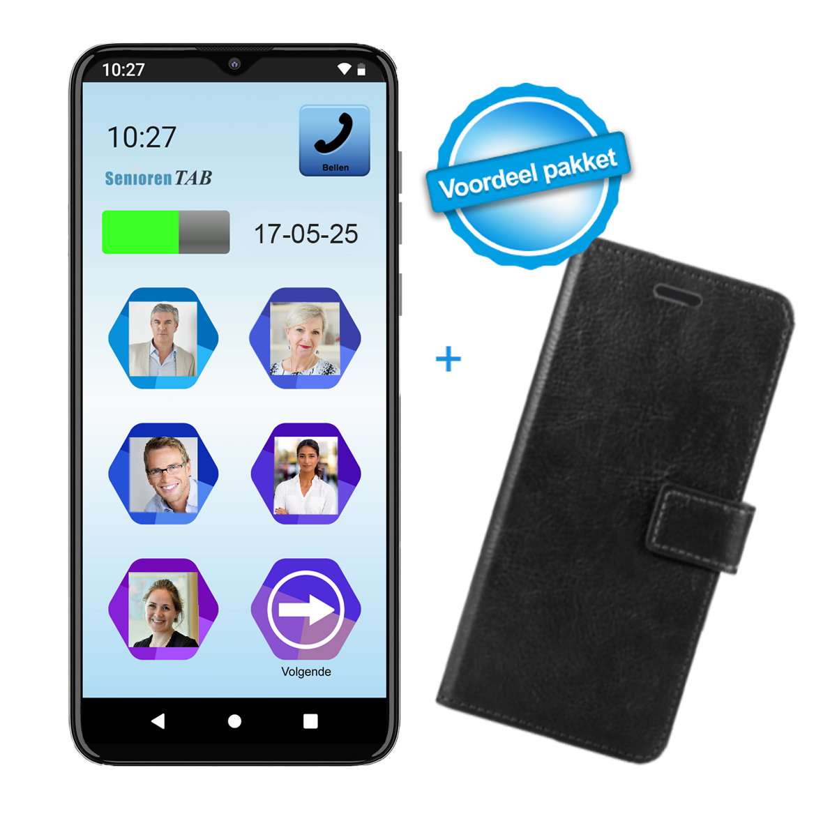 Smartphone met app met contacten en een telefoonhoesje met een blauwe sticker.