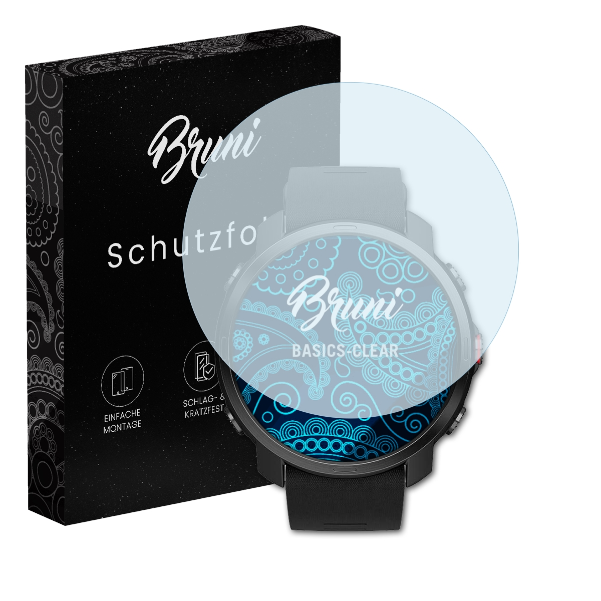 Schwarze Schachtel und Smartwatch mit Displayschutzfolie. Die Uhr zeigt blaue Grafik, Folie ist angebracht.