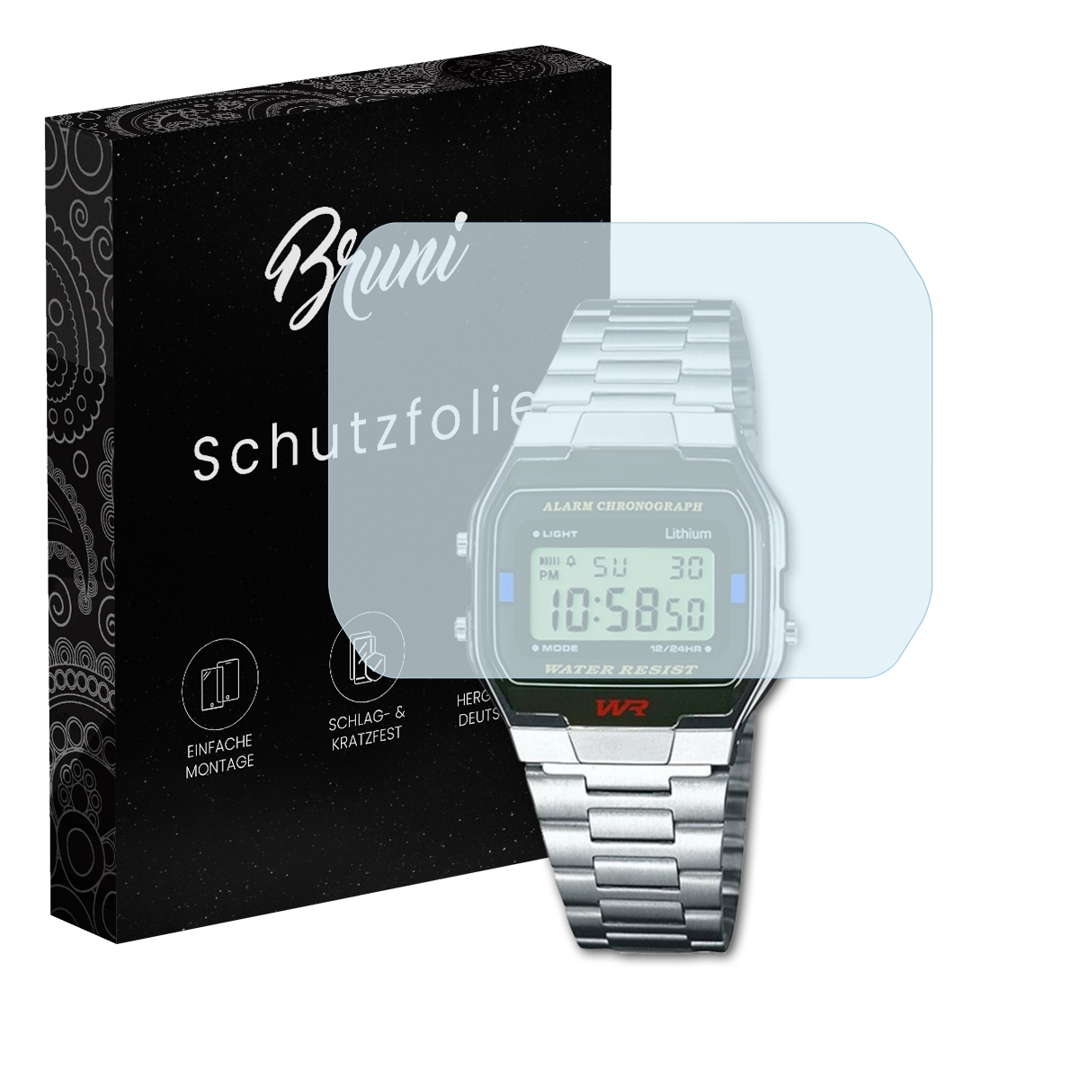 Eine silberne Uhr mit Schutzfolie und eine schwarze Schachtel mit der Aufschrift 'Bruni Schutzfolie'.