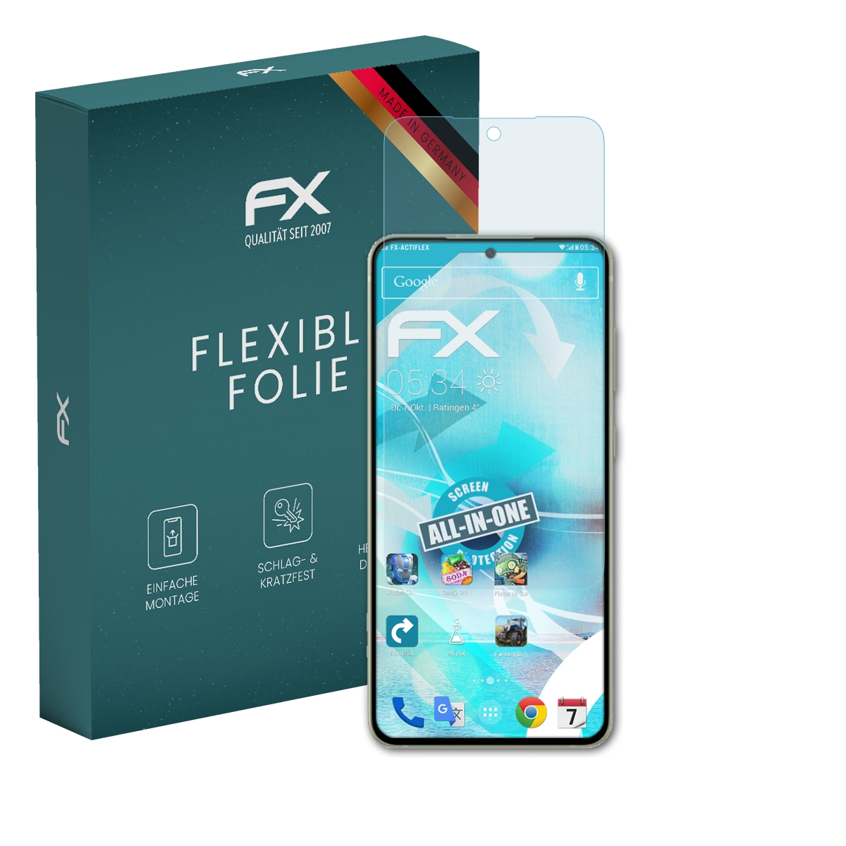 Smartphone mit Displayschutzfolie und Box. Die Box ist türkis mit Text und einem klaren Schutz.