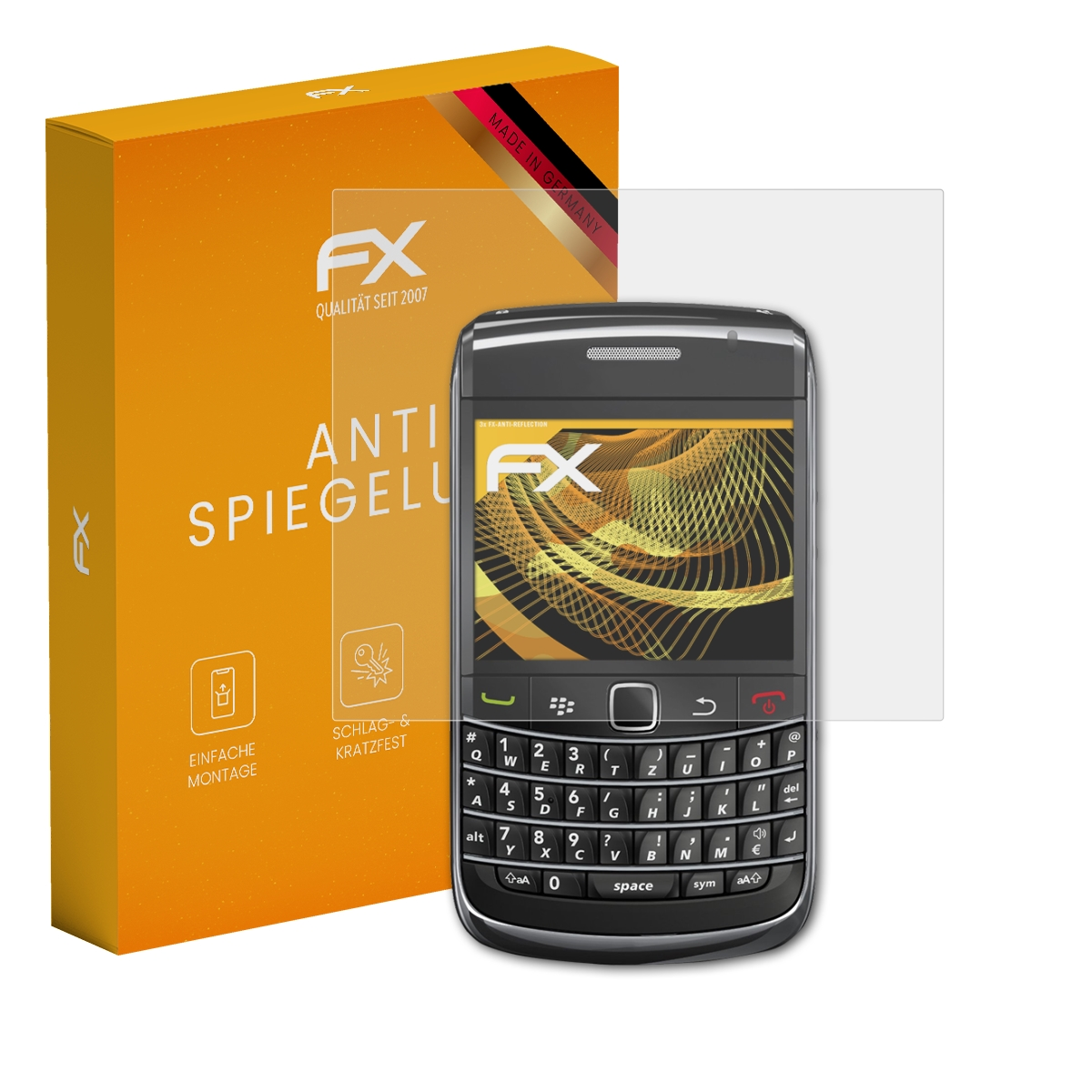 Ein Telefon und ein Displayschutz werden mit einer Schachtel mit der Aufschrift "Anti Spiegelu" angezeigt.