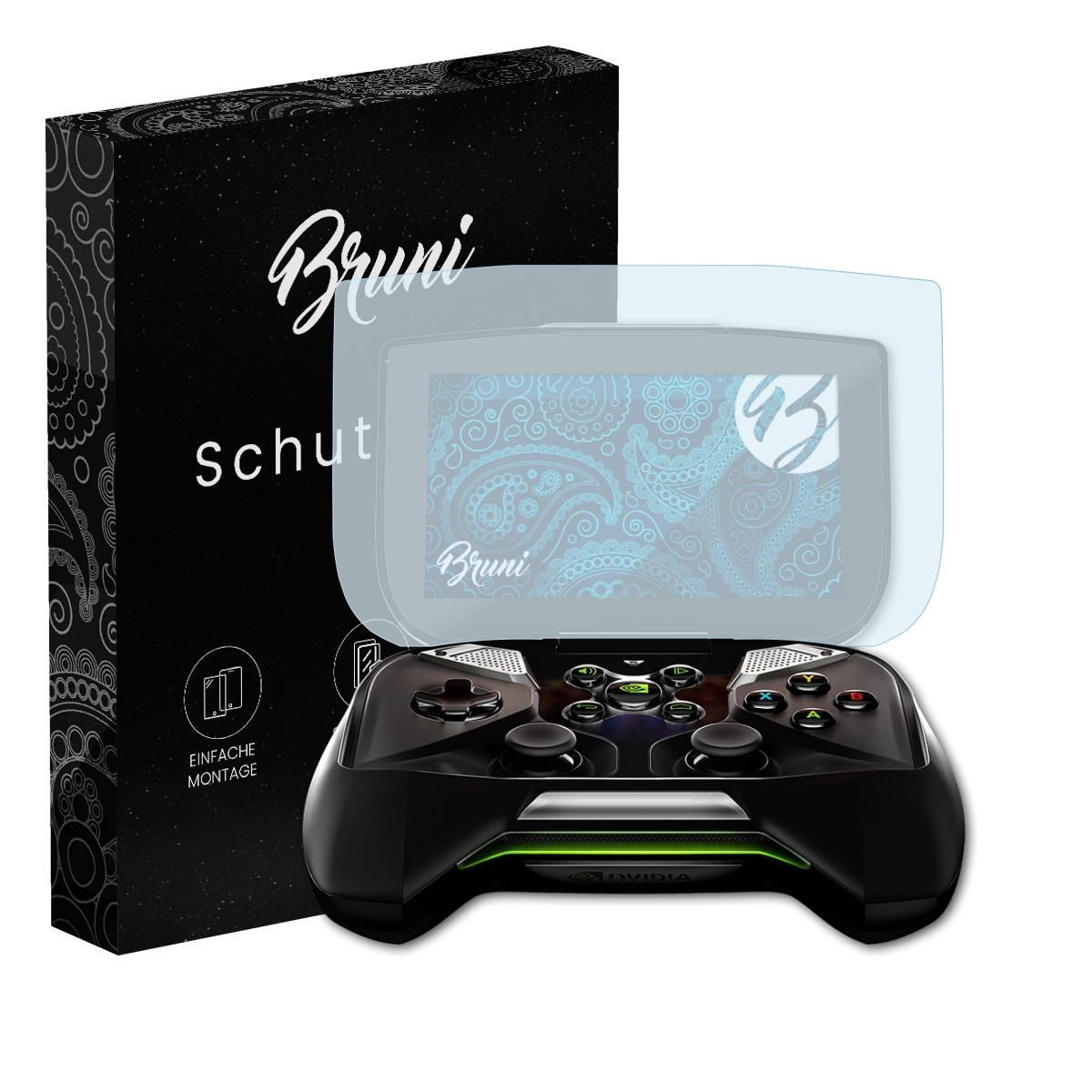 Controller mit Displayschutzfolie und Verpackung. Schwarzer Controller, blaues Bildschirmmuster, Text.