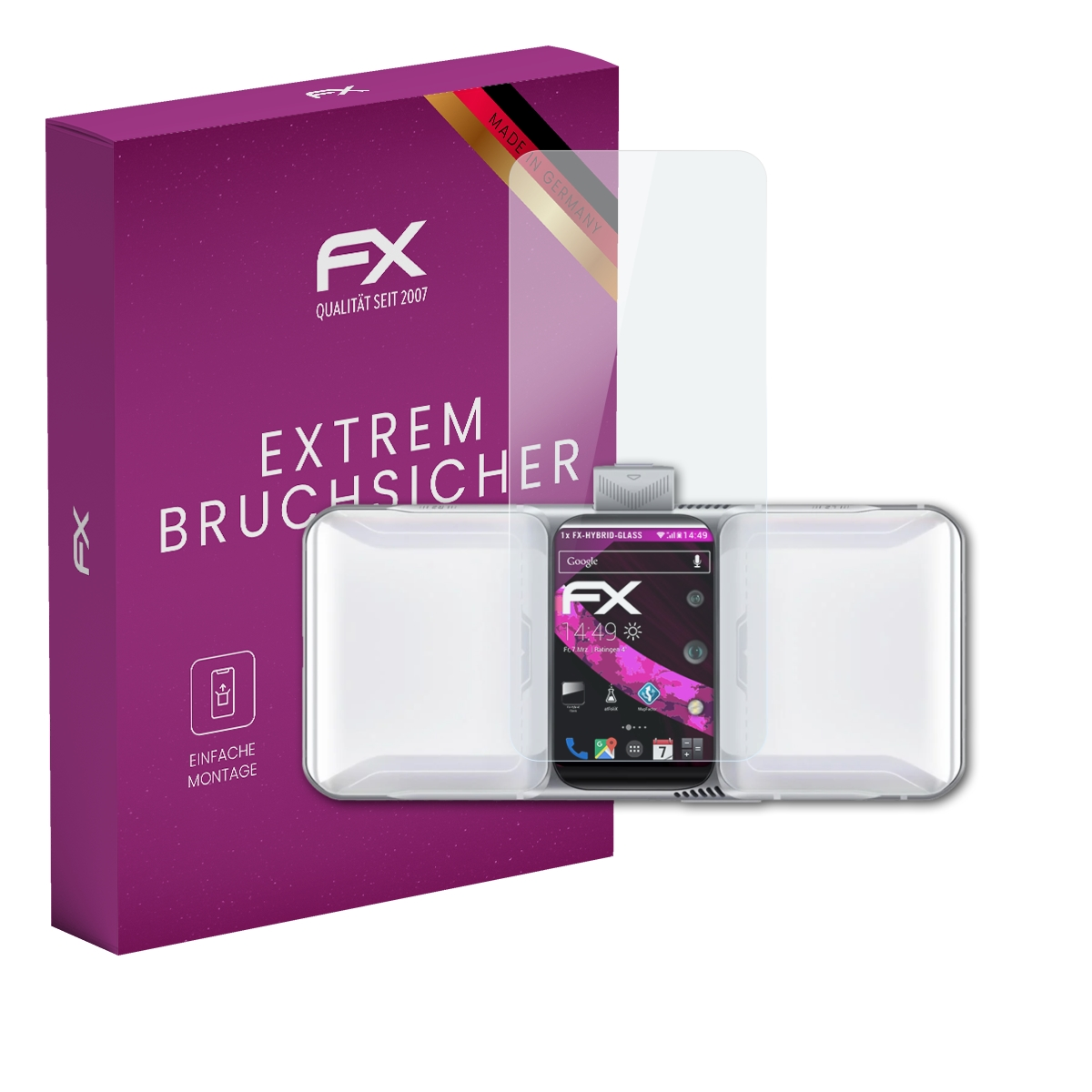Telefon mit Displayschutzfolie und Verpackung. Schwarzes Telefon, klarer Schutz, und lila Box.