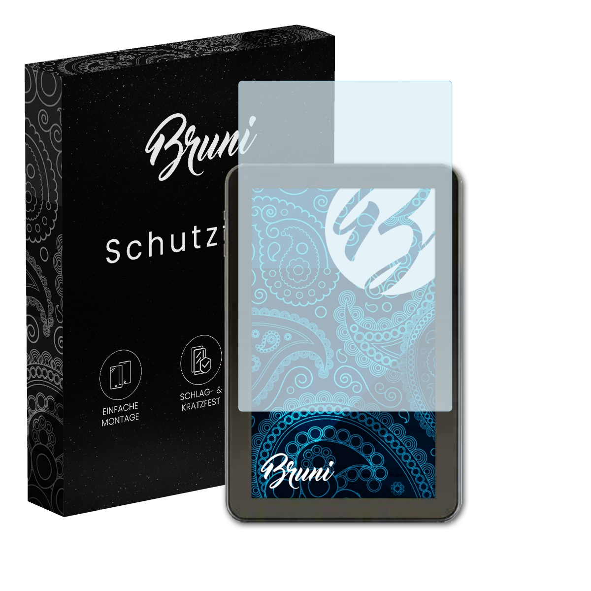E-Reader mit Displayschutzfolie und Verpackung. Die Verpackung ist schwarz, mit dem Markennamen 'Bruni'.
