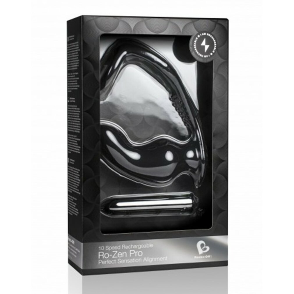 Schwarzes Sexspielzeug in seiner Box. Box hat Text: 10 Speed Rechargeable Ro-Zen Pro.