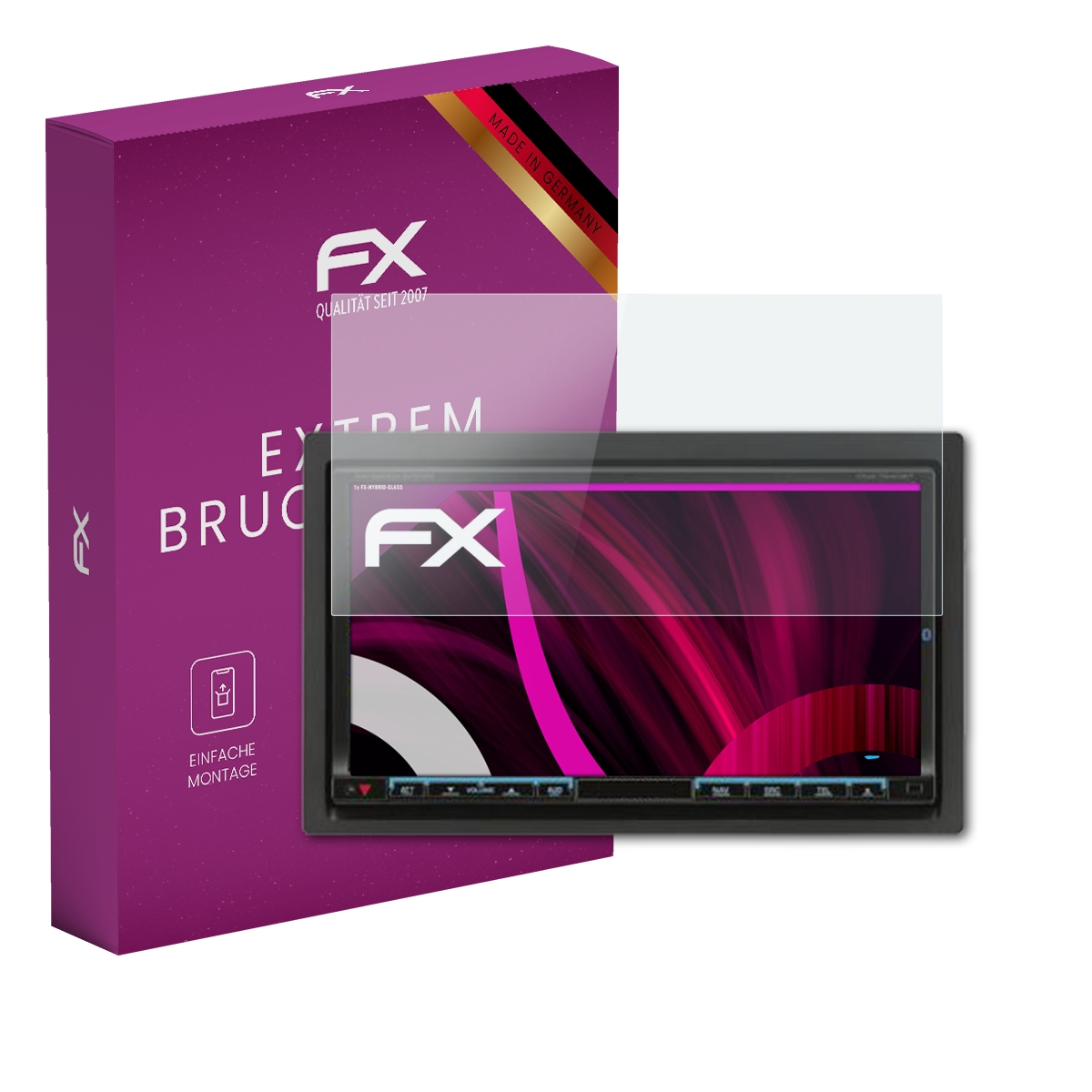 Autoradio mit Displayschutz, Box links. Text: FX. Hintergrund: weiß.