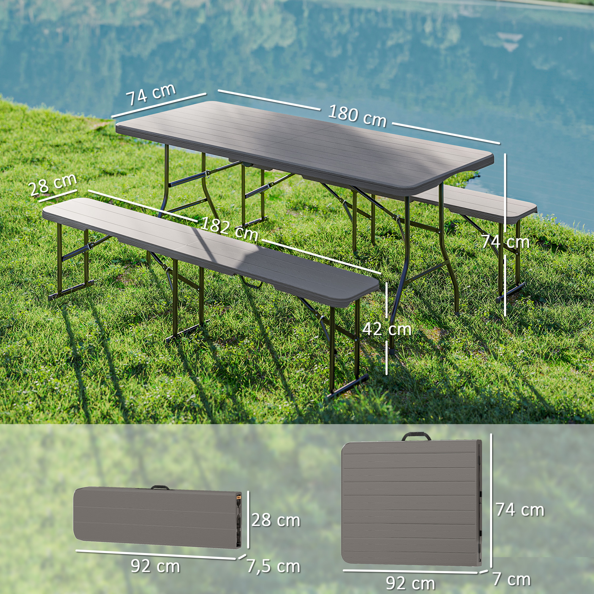 Una mesa de picnic con bancos, se muestran las medidas. La mesa está cerca del agua.