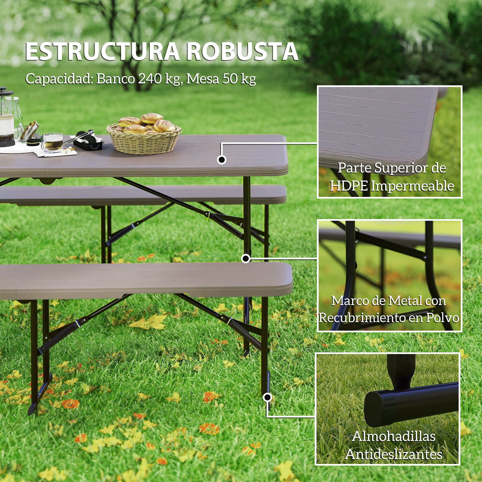 Mesa de picnic con bancos sobre hierba verde con descripción detallada de la estructura.