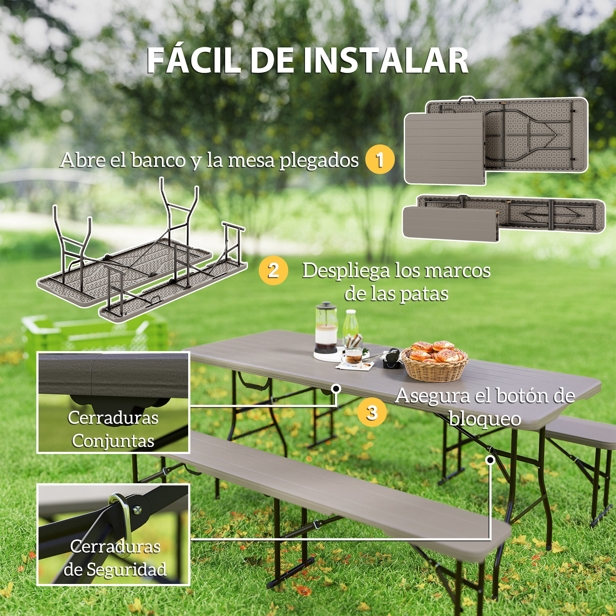 Instrucciones para montar una mesa de picnic. Muestra cómo desplegar la mesa y bloquearla.