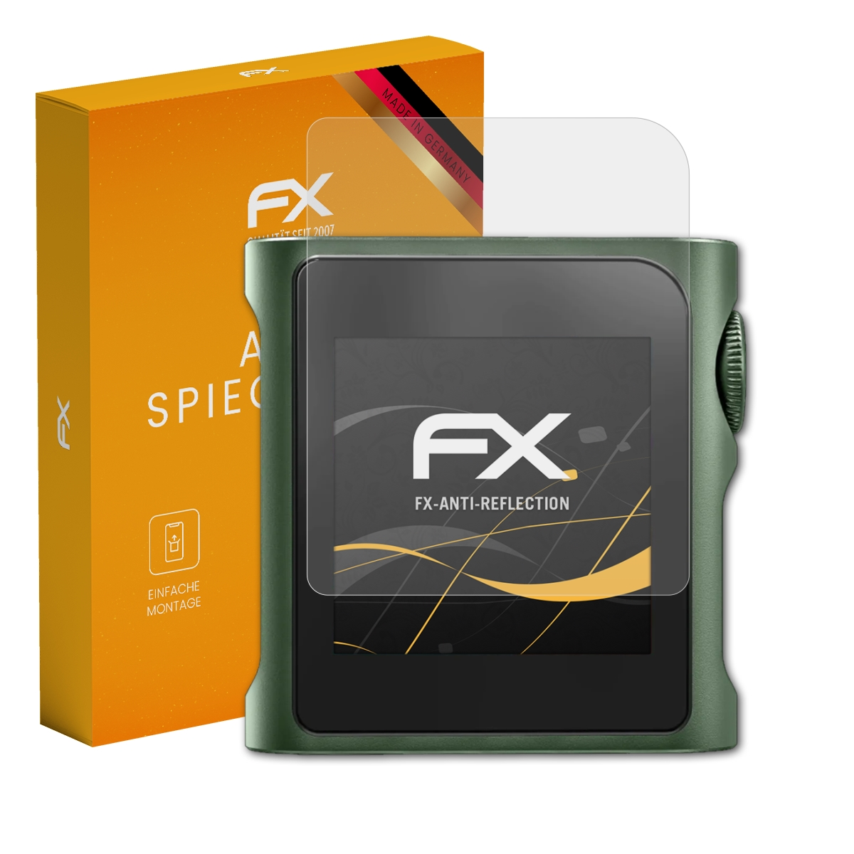 Grünes Gerät mit Displayschutzfolie und orangefarbener Box im Hintergrund.