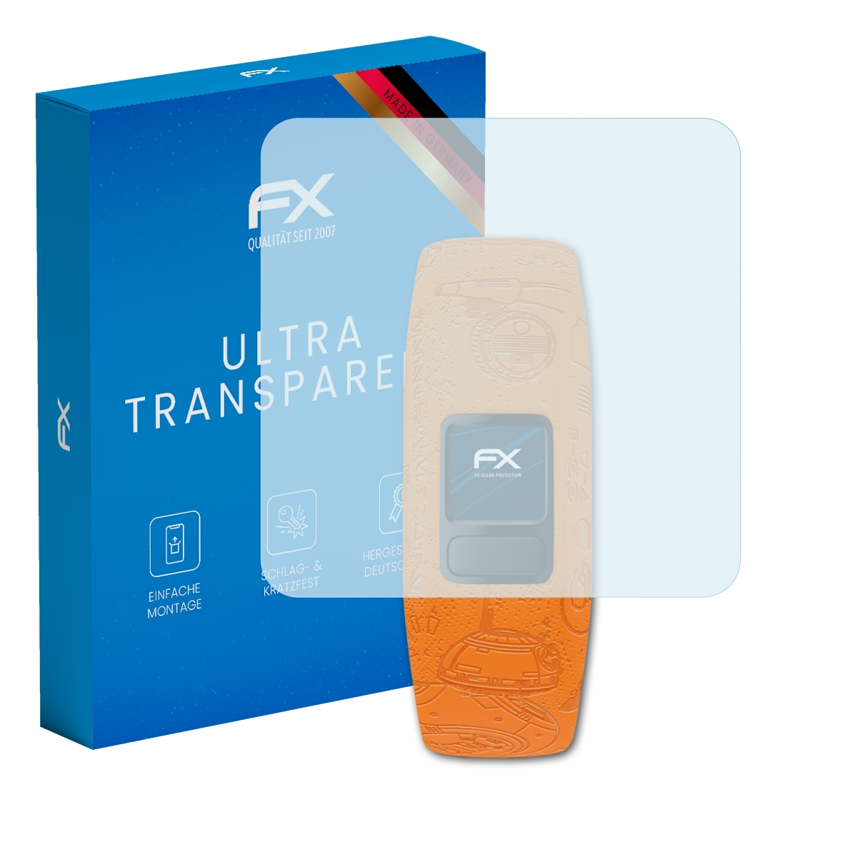 Oranges Telefon mit Displayschutz und Box. Box hat das FX-Logo und deutschen Text.