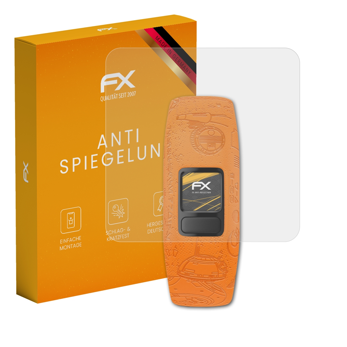 Orange Box und orangefarbene Fernbedienung mit Displayschutzfolie. Box liest 'ANTI SPIEGELUN'.