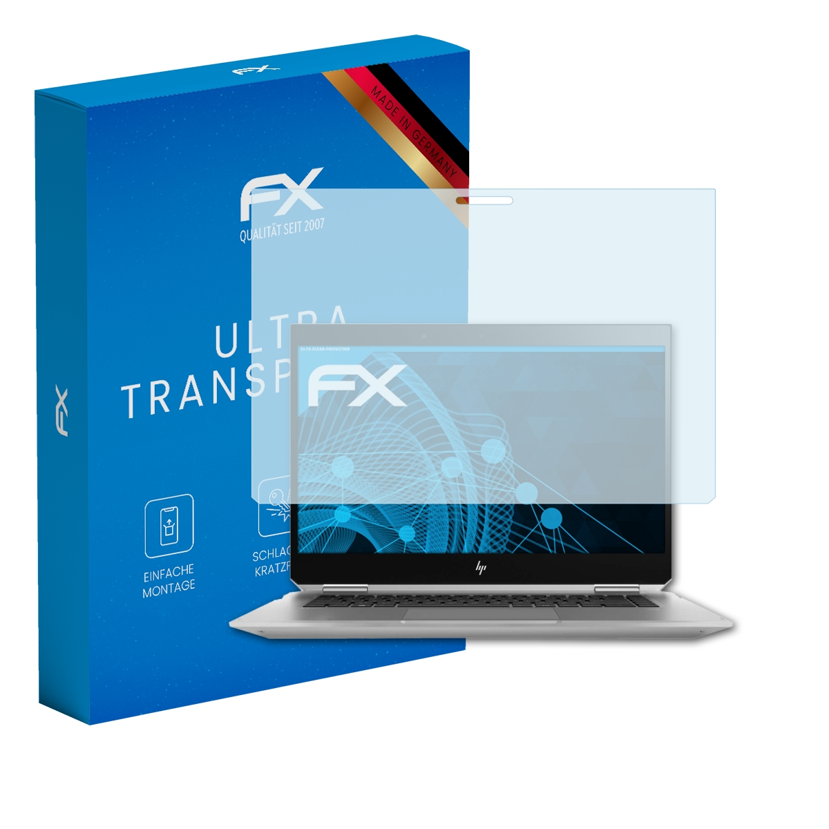 Laptop mit Displayschutz. Blaue Box mit FX-Logo.
