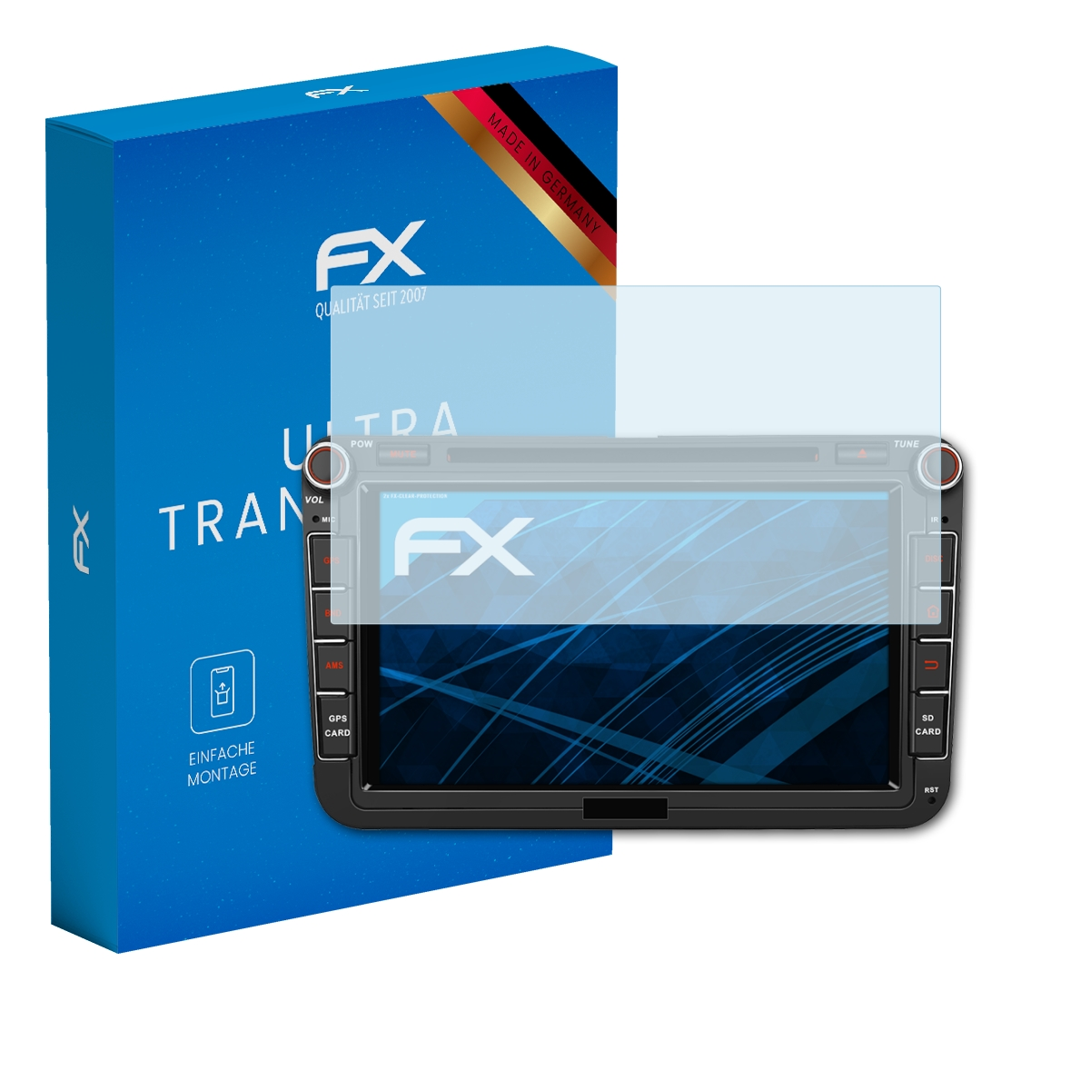 Autoradio-Bildschirm mit Schutz, mit einer blauen Box und den Worten FX auf dem Bildschirm.
