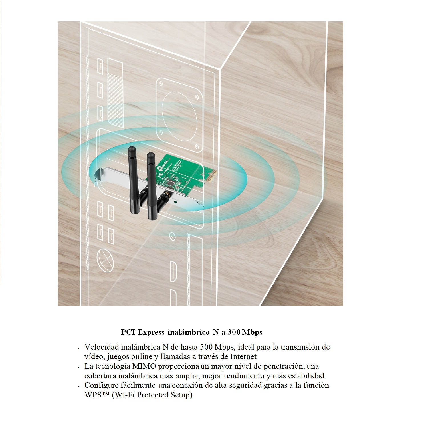 Un componente del computer, un adattatore wireless PCI Express, con testo in spagnolo che ne descrive le funzionalità.