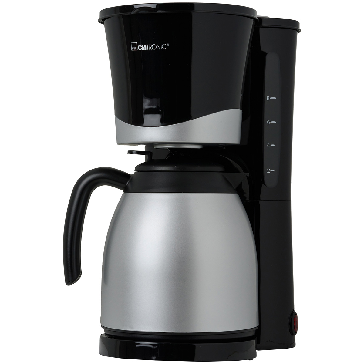 Czarno-srebrny ekspres do kawy z karafką i wskaźnikiem poziomu wody. Posiada czarne elementy plastikowe.