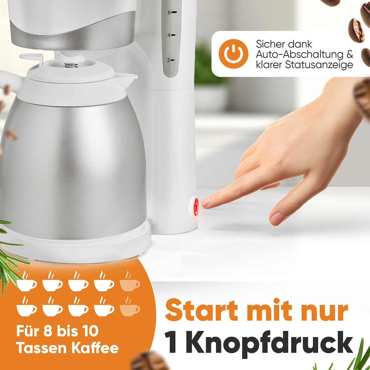 Biało-srebrny ekspres do kawy Clatronic z ręką naciskającą przycisk start. Jest tekst w języku niemieckim.