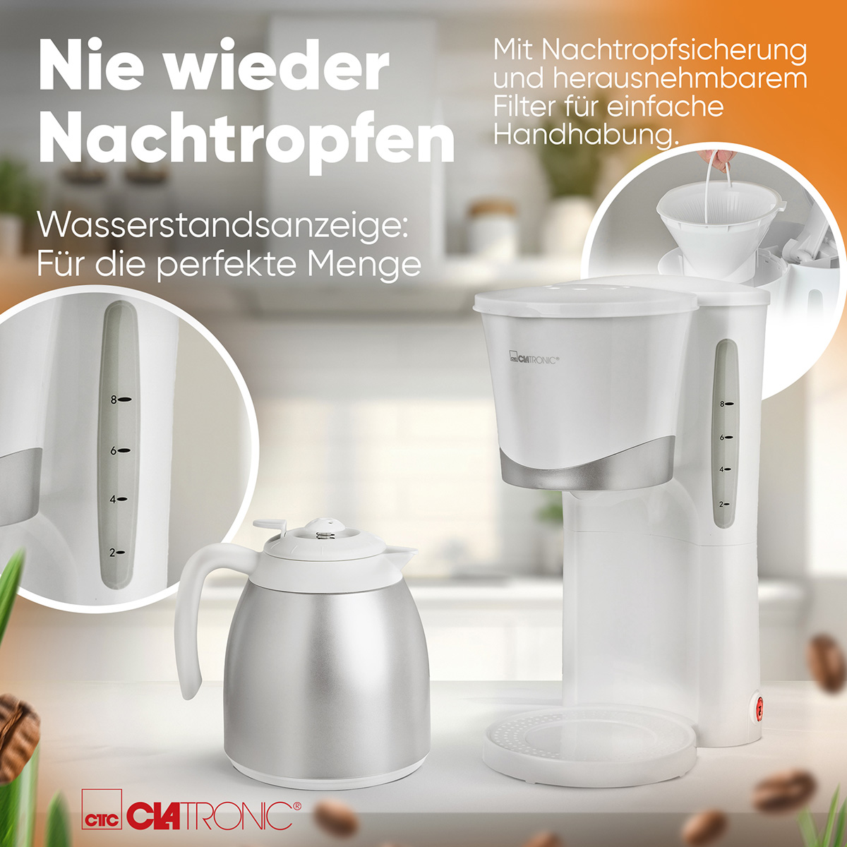 Biało-srebrny ekspres do kawy Clatronic z karafką i wskaźnikiem poziomu wody na pomarańczowym tle.