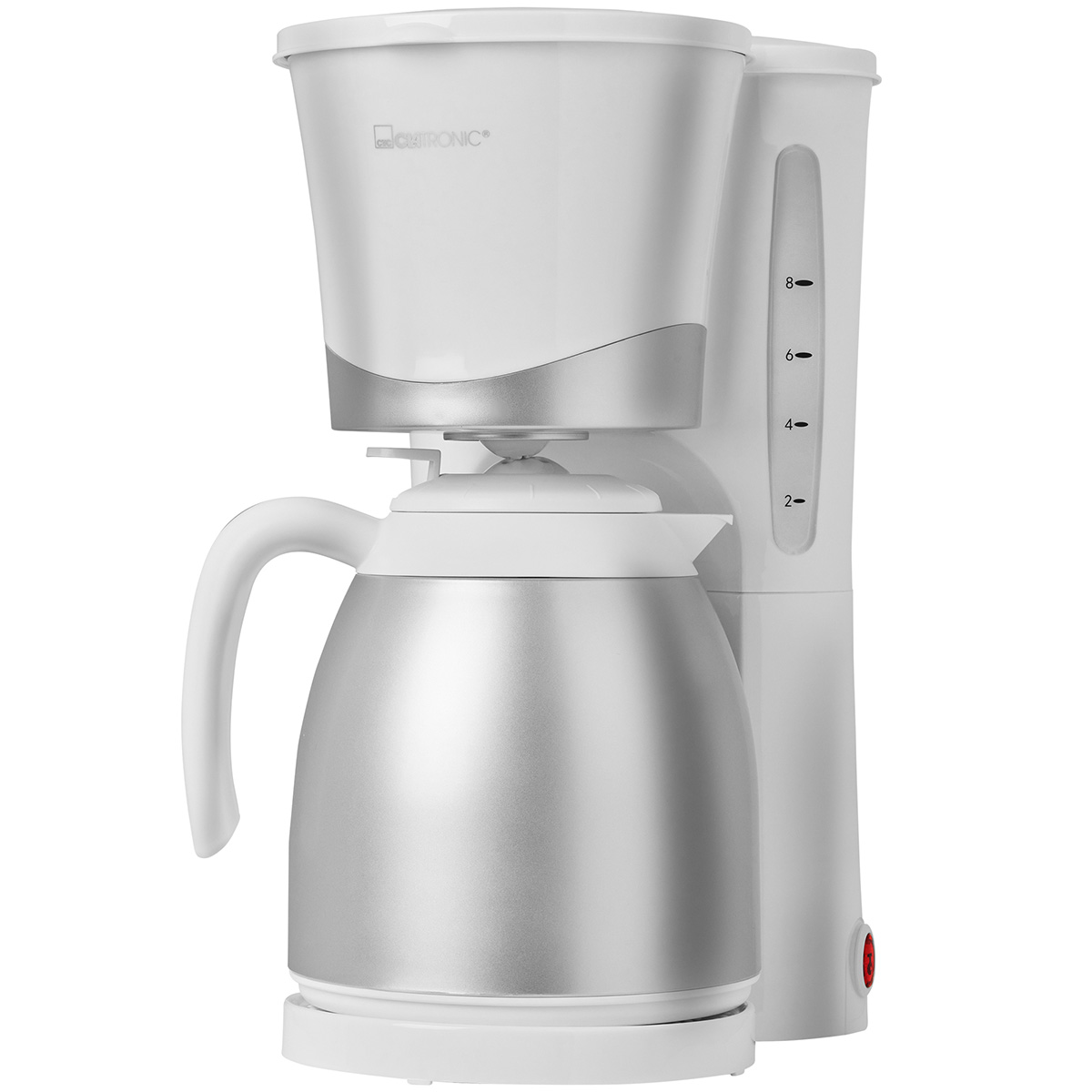 Biało-srebrny ekspres do kawy z termosem i wskaźnikiem poziomu wody.