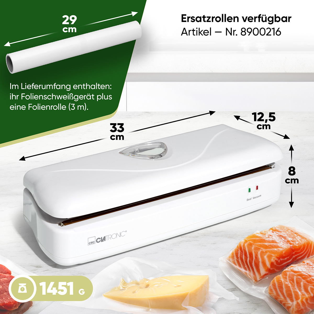 Biała zgrzewarka próżniowa z łososiem i serem. Wymiary i etykiety tekstowe nakładają się na obraz.