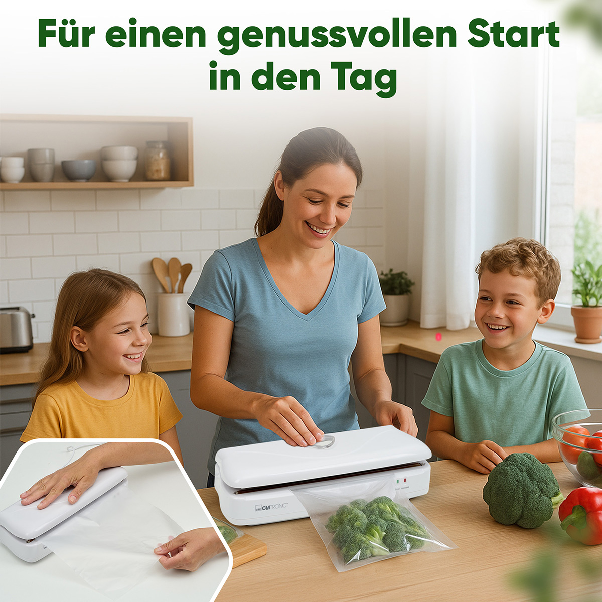 Rodzina korzysta z białej zgrzewarki do żywności.