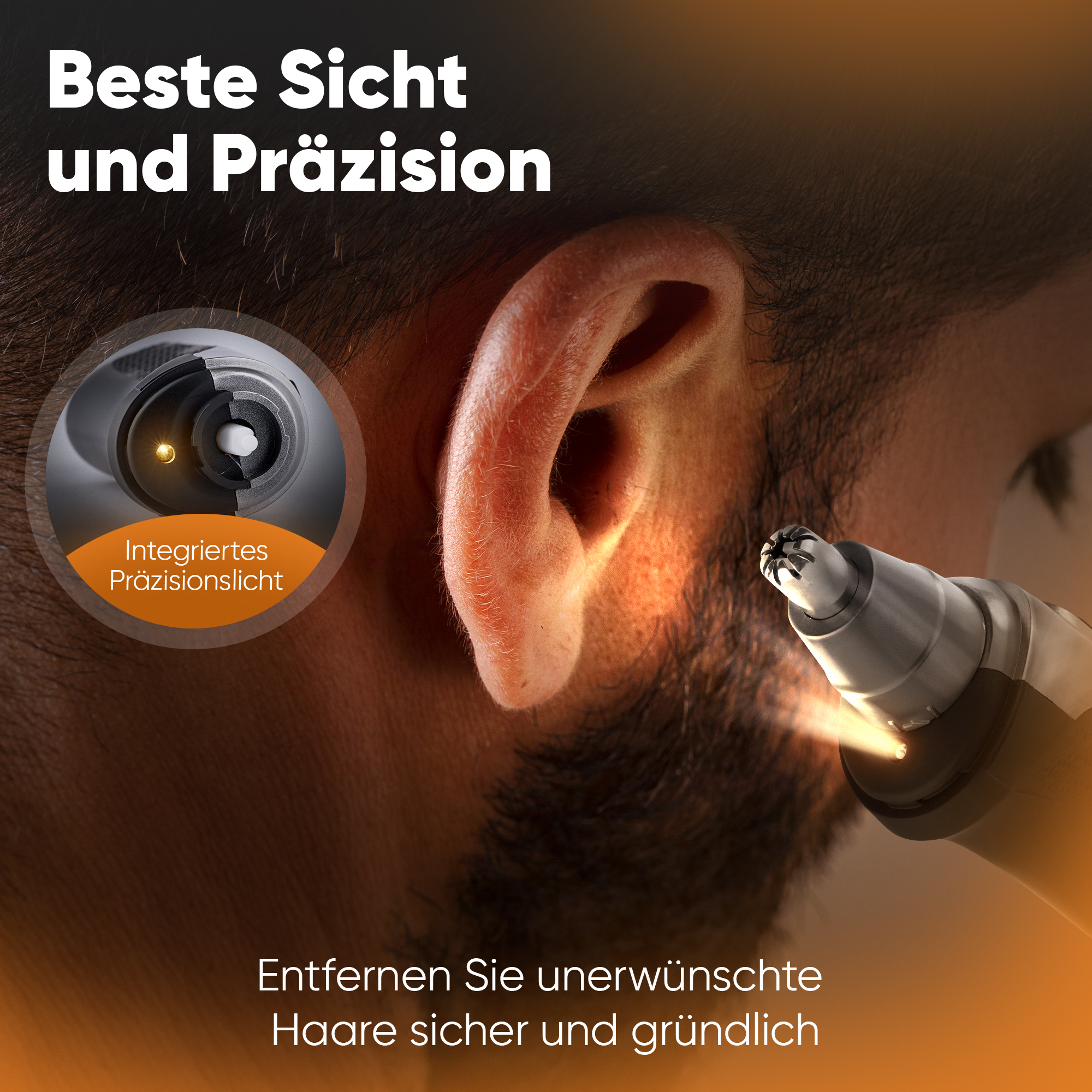 Ucho mężczyzny z trymerem do włosów w nosie.