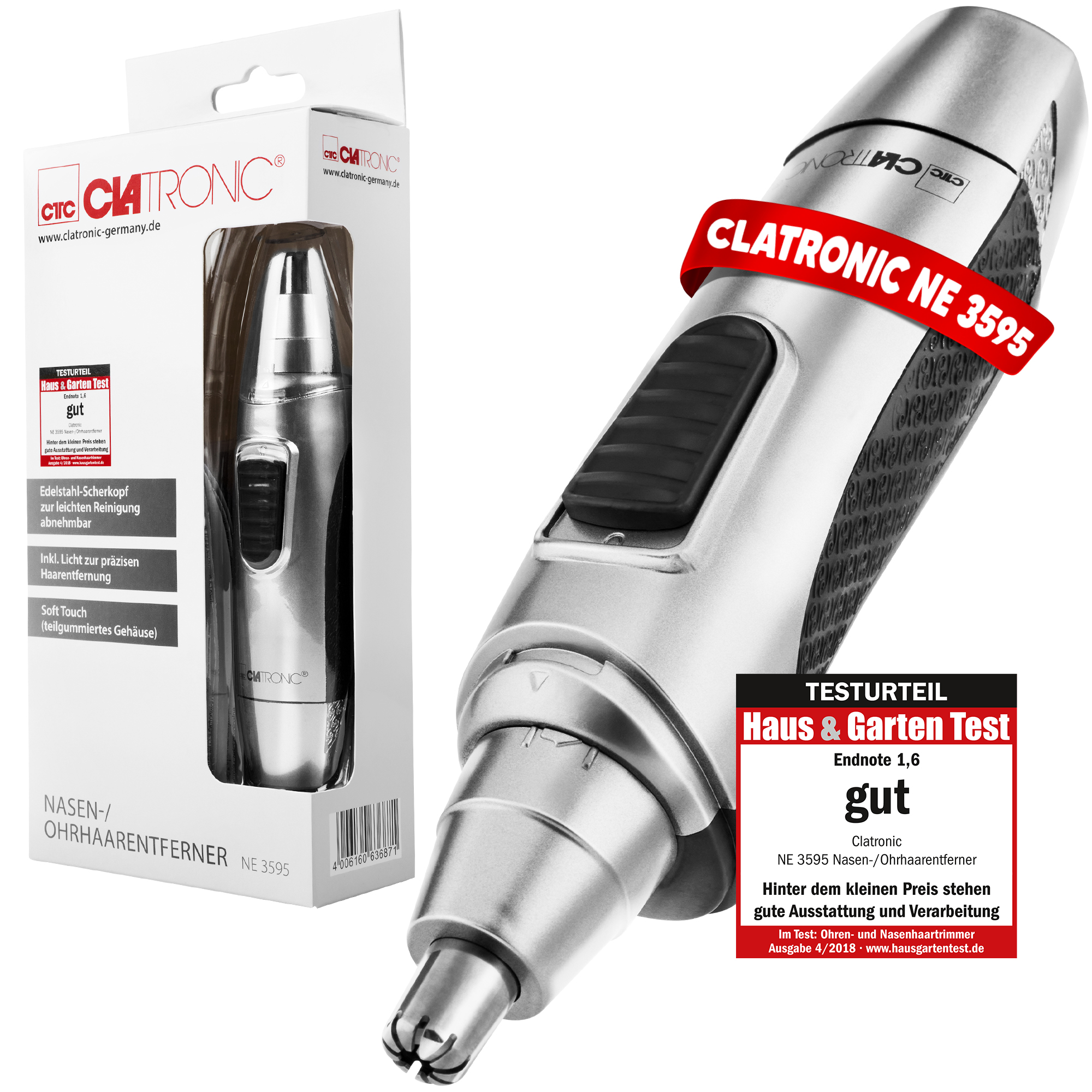 Srebrny trymer do włosów w nosie i pudełko.