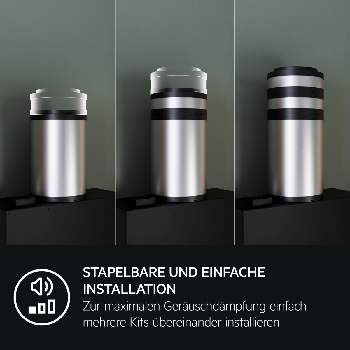 Trzy srebrne cylindry na czarnej podstawie, z tekstem: STAPELBARE UND EINFACHE INSTALLATION.
