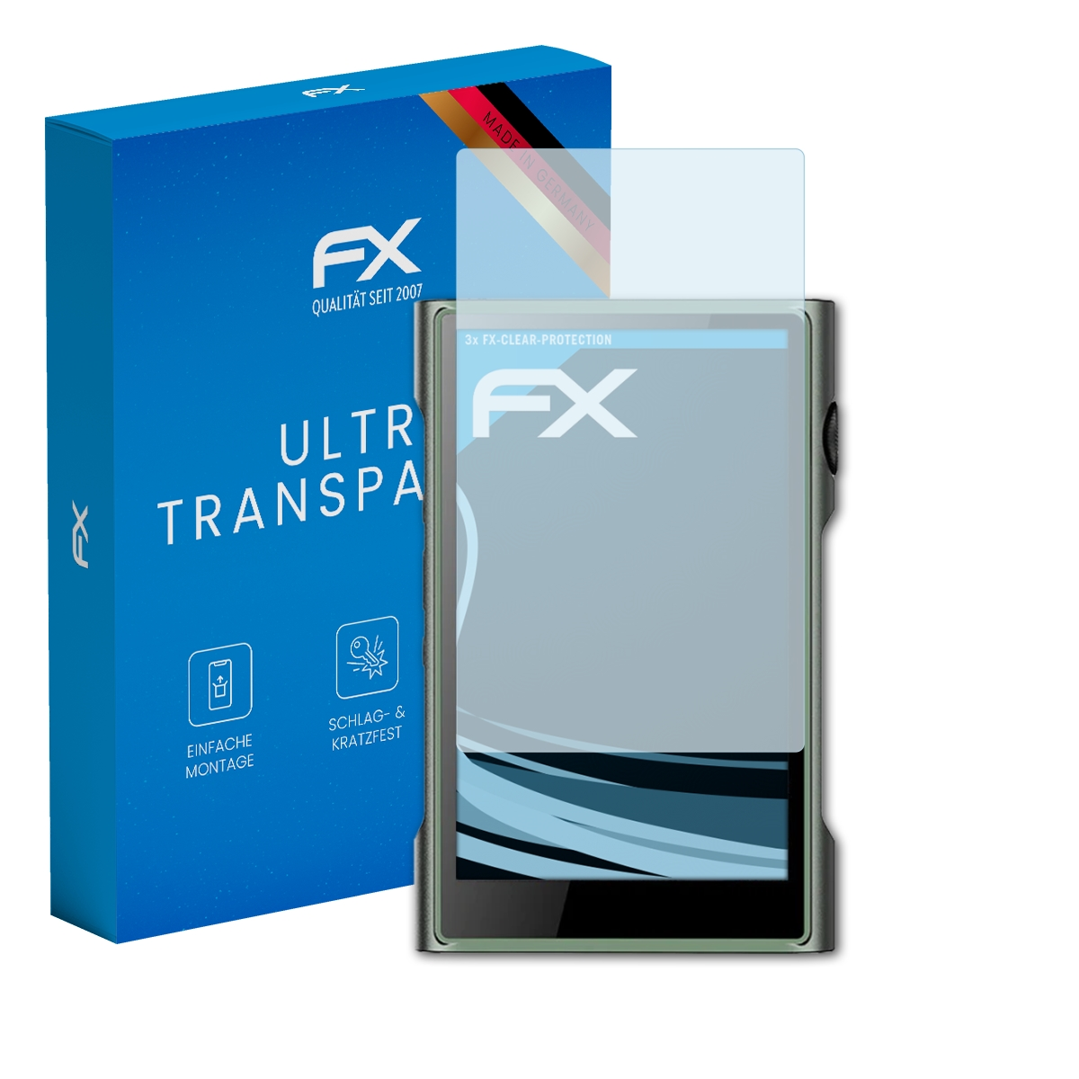 Blaue Box und ein grauer Mediaplayer mit Displayschutz. Der Bildschirm zeigt blaues abstraktes Design.