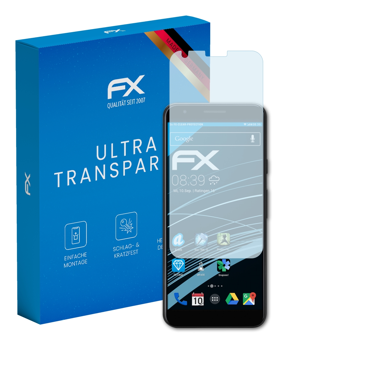 Blaue Box und ein Telefon mit Displayschutz. Text: FX, ULTRA, TRANSPAR, Made in Germany.