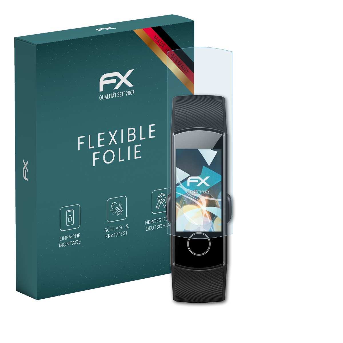 Ein Fitnesstracker mit Displayschutz und einer türkisfarbenen Box. Der Tracker ist schwarz. FX-Logo auf dem Tracker-Bildschirm.