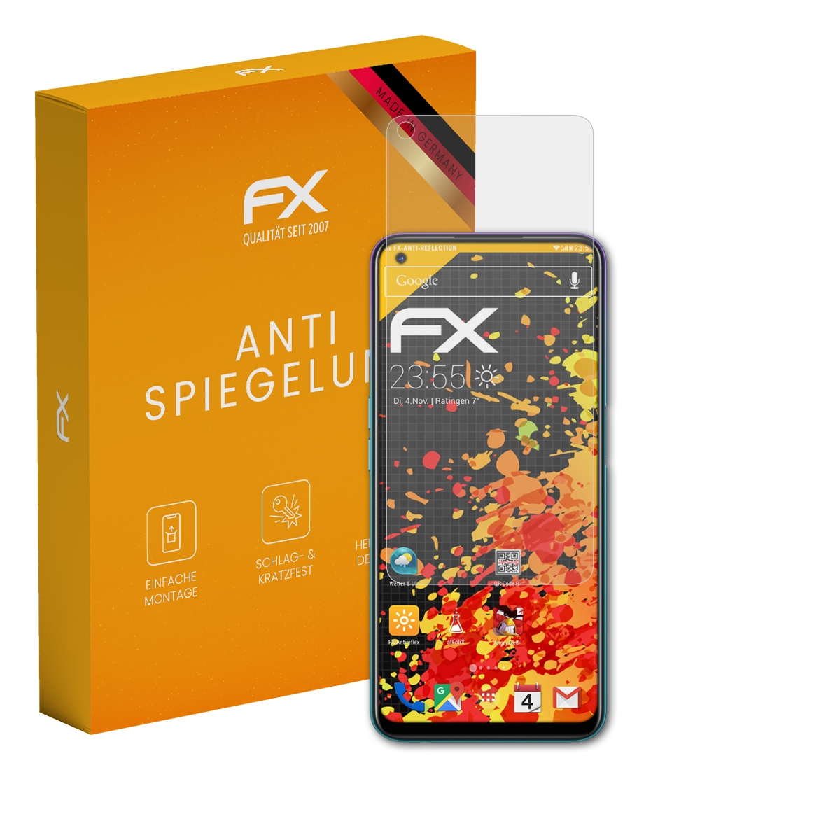 Smartphone mit Displayschutz neben einer orangefarbenen Box. Der Bildschirm zeigt Apps und Uhrzeit. Die Box hat FX.