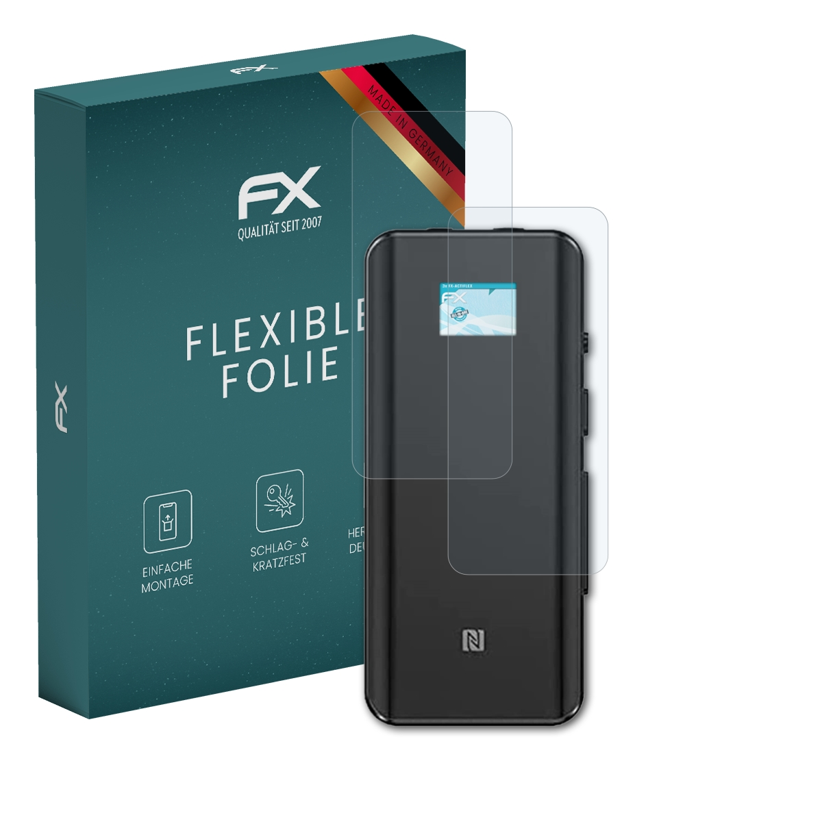 Telefon mit Displayschutzfolien und Box. Box sagt 'Flexible Folie'.