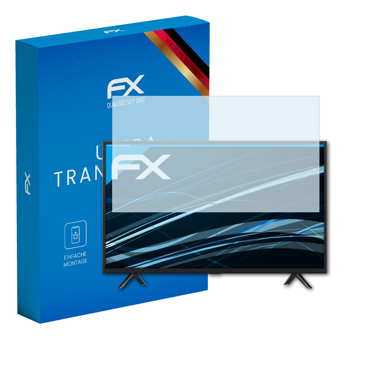 Fernseher mit Displayschutz, Box mit 'FX' Logo.