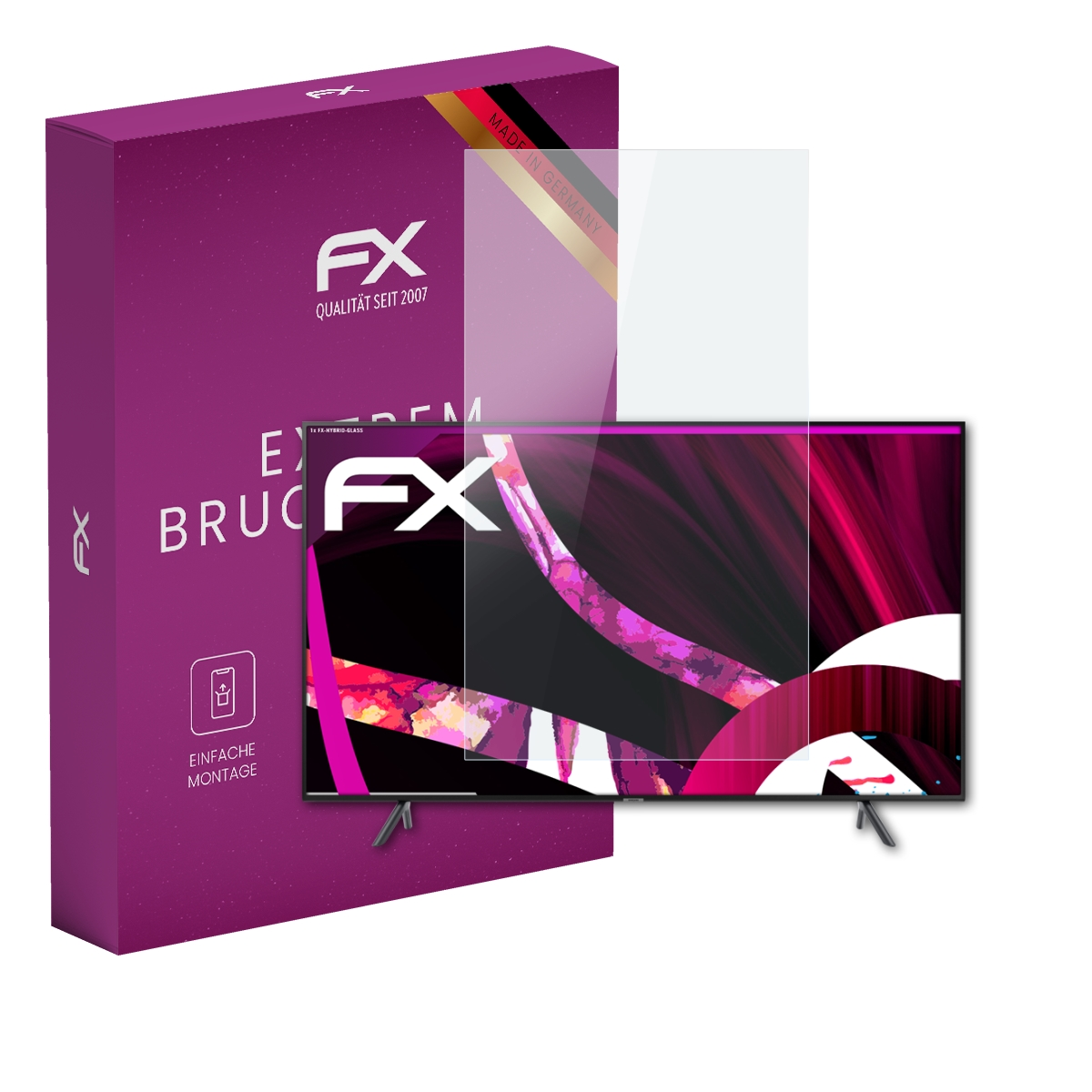 Lila Box, TV-Bildschirm mit Schutz, zeigt pinken und schwarzen Bildschirm.