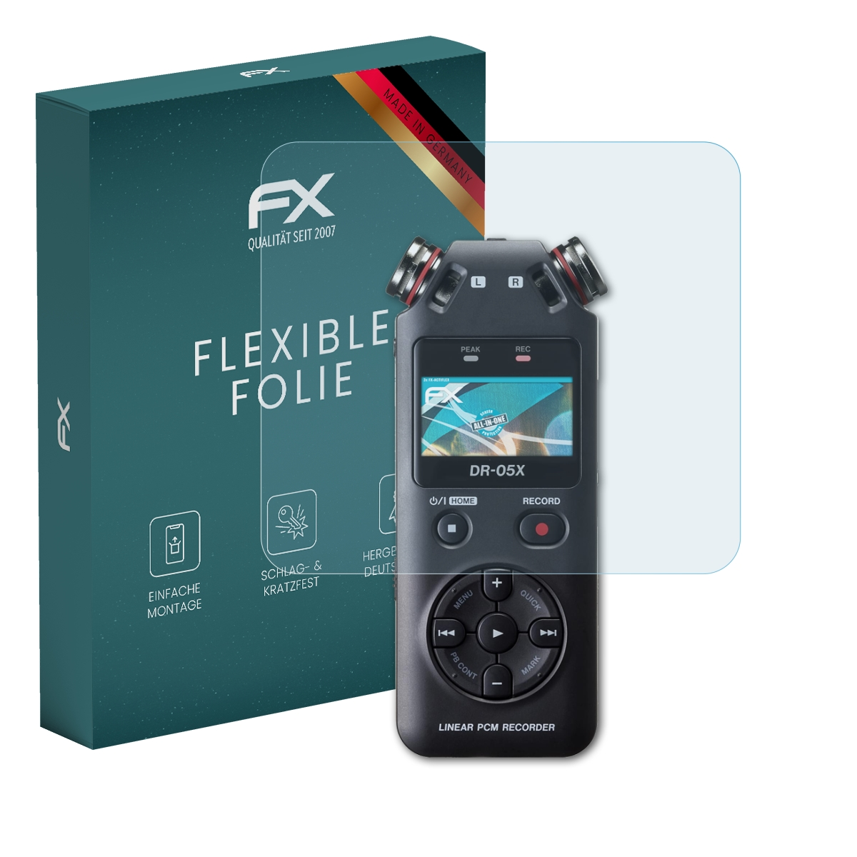 Ein schwarzer Rekorder mit Displayschutz und grüner Box. Der Bildschirm zeigt FX-Logo und Infos.