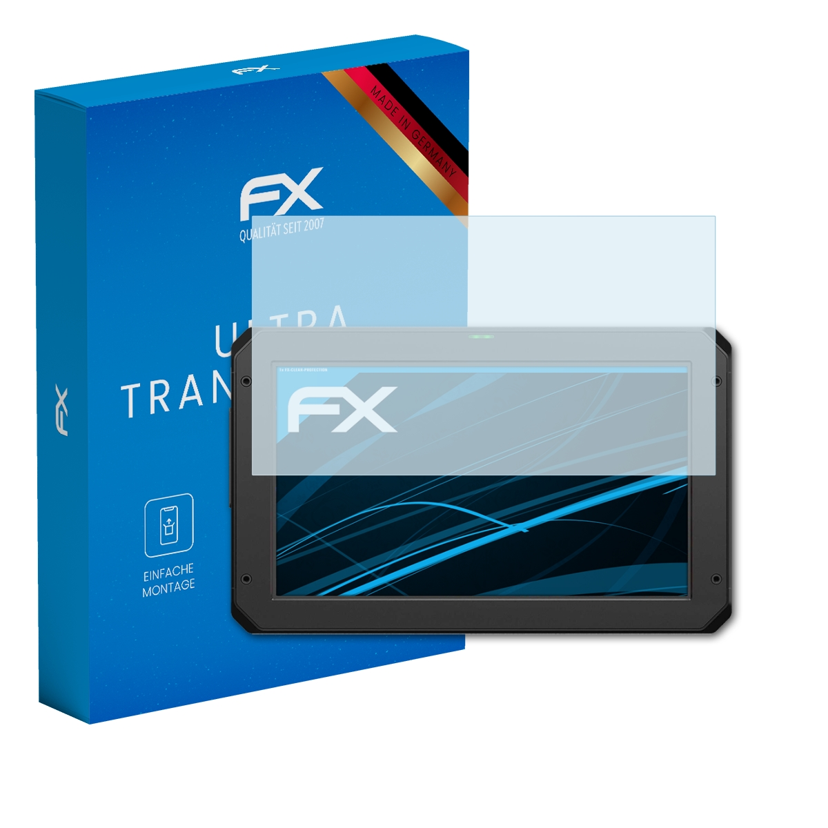 Tablet mit Displayschutz und blauer Box. Der Bildschirm zeigt Anzeige und FX-Logo.