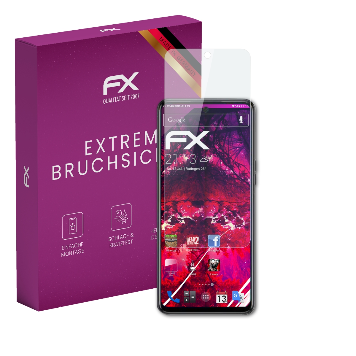 Telefon mit Displayschutz und lila Box. Der Bildschirm zeigt Zeit, Apps und FX-Logo.