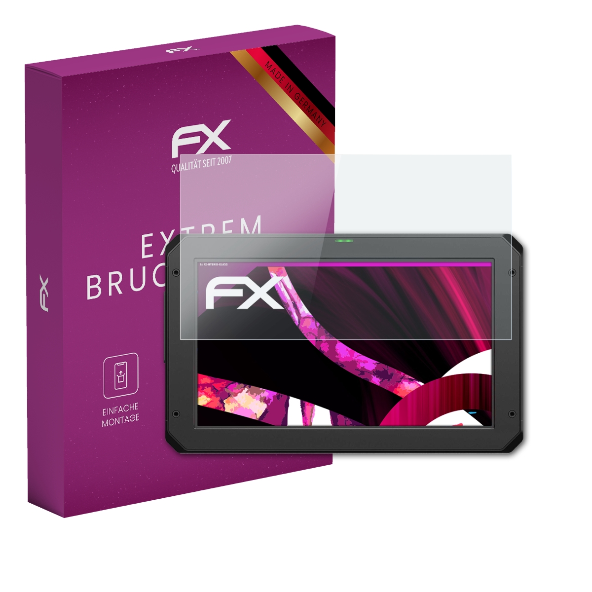 Eine lila Schachtel, Tablet und Displayschutzfolie. Das Tablet ist schwarz mit FX-Logo und rosa Design.