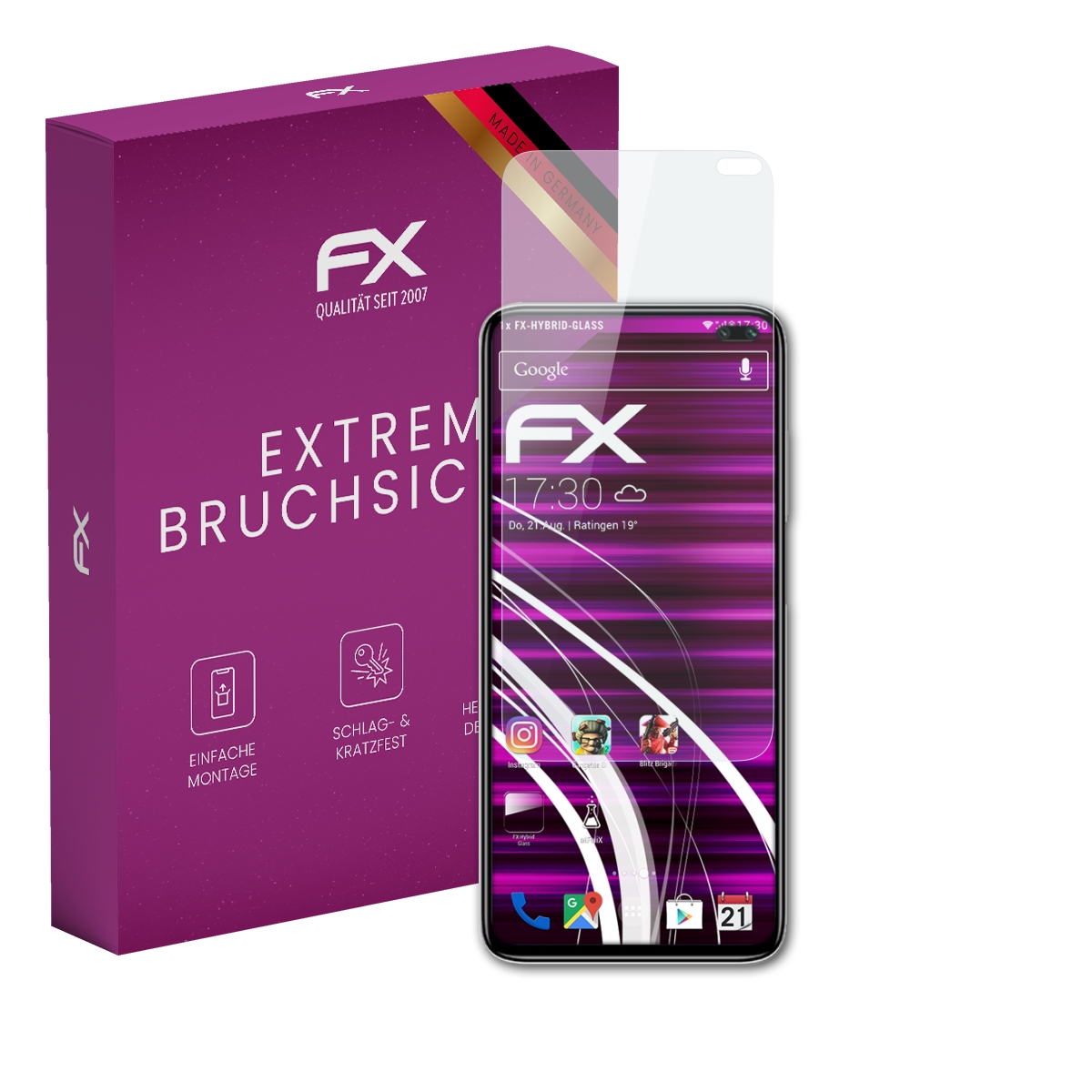 Produktaufnahme einer lila Schachtel und eines Mobiltelefons mit Displayschutzfolie.