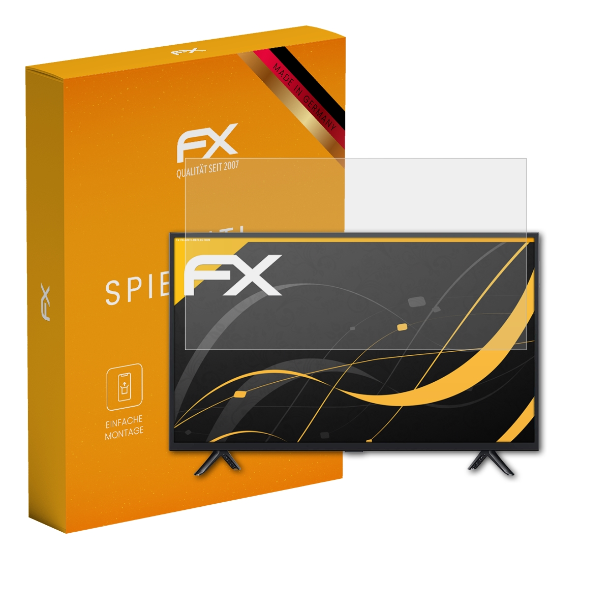 TV-Bildschirm mit Schutzfolie und Verpackung. Die Schachtel ist orange, mit 'FX' und 'Made in Germany'.